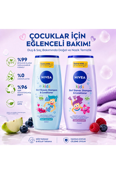 NIVEA Kids 3'ü 1 Arada Duş Jeli, Şampuan ve Saç Kremi Seti 250 ml + 250 ml (M...