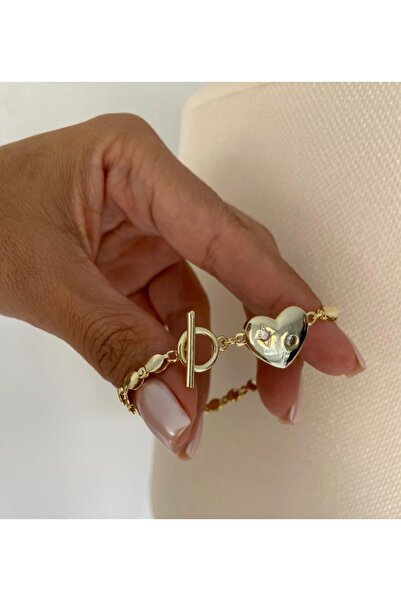 Jerie Gold Kalp Detay Arpa Zincir Bileklik