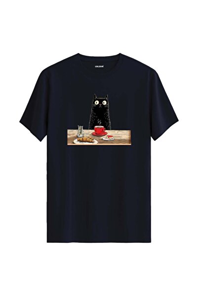 Colermi Breakfasting Black Cat Design T-Shirt