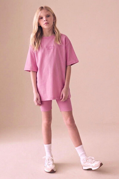 NOBLEKIDS Girl's Letter Embroidered T-Shirt and Ribbed Short Leggings Set Pink