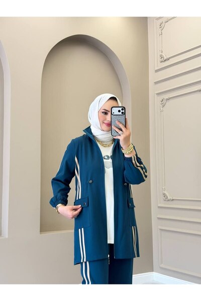moda4b طقم نسائي من 3 قطع من قماش الكريب المزدوج، سترة طويلة بسحاب وتي شيرت و...