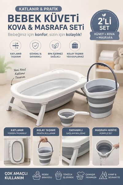 Katlanabilir Bebek Küveti + Katlanır Kova ve Maşrapa Seti | BPA'sız Portatif Bebek Banyo Seti