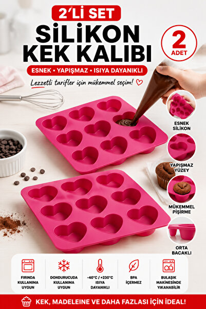 Stork 2 Adet 9'lu Kalp Şekilli Silikon Kek ve Çikolata Kalıbı - Pembe Mini Mu...