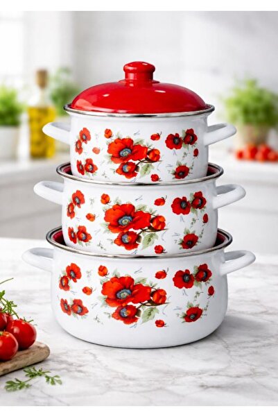 Arian Top Bottom Set of 3 enamel pots with lid Arian, capacity 3.8L, 4.8L, 6....