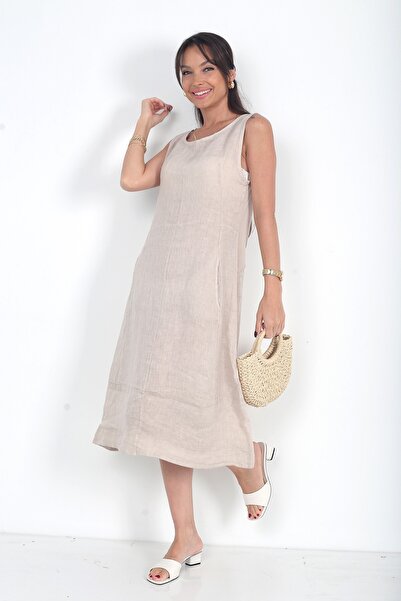 By Saygı Women's Italian Linen Zero Sleeve Midi Dress with Pockets