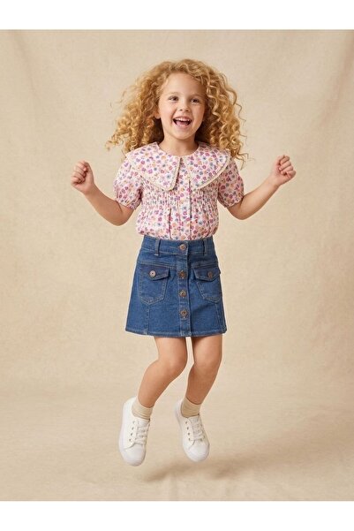 Bebibo Denim Skirt and Collar Embroidered Suit for Girls