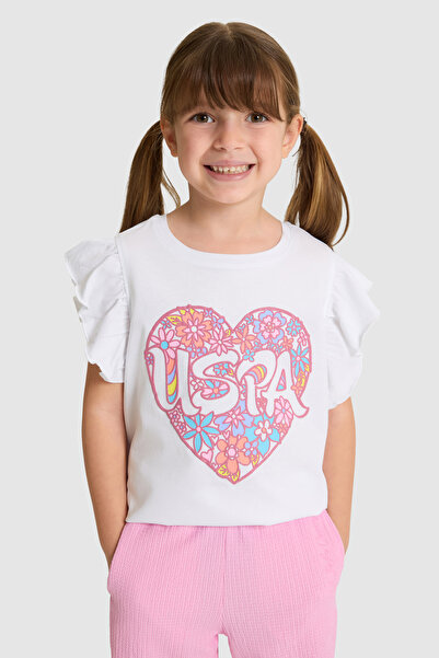 U.S. Polo Assn. Kız Çocuk Bisiklet Yaka Kolları Fırfırlı Beyaz Tişört 5032565...