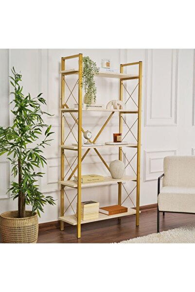 Rani Mobilya Rani Home Kitaplık Traverten Raflı Gold Metal Ayaklı 5 Raflı HC-...