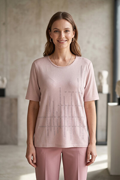 YXL COLLECTION Γυναικεία μπλούζα μεγάλου μεγέθους Lycra με λαιμόκοψη και στάμ...