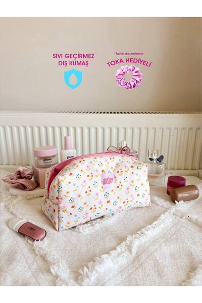 girlsybags Sarı Çiçekli Sıvı Geçirmez Makyaj Çantası Plaj Havuz Kozmetik Çant...