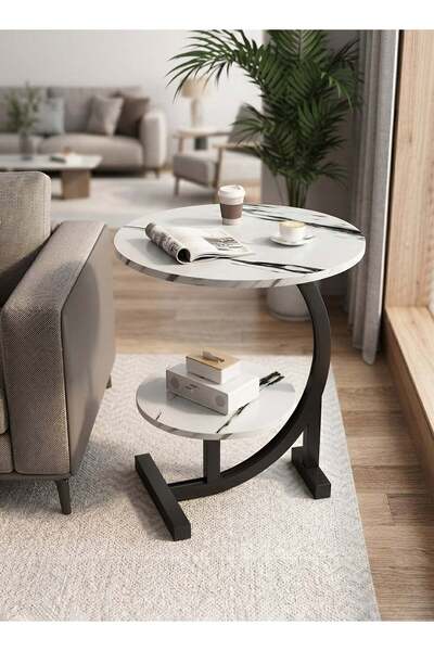 Taimi Stylish 2-Tier C-Shaped Side Table - Wooden Top and Metal Frame,White C...