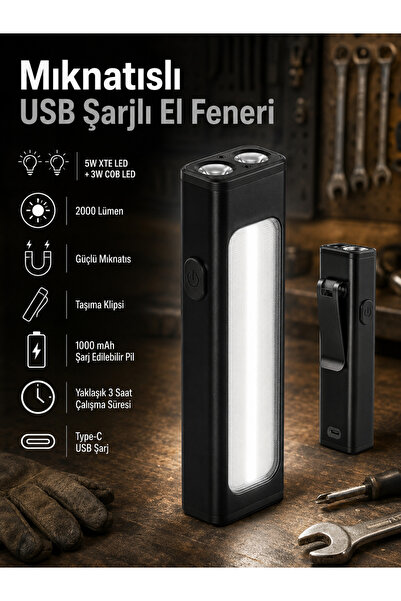 FLYONLOOK Mini Mıknatıslı USB Şarjlı Çok Fonksiyonlu El Feneri 2000 Lümen 5W ...