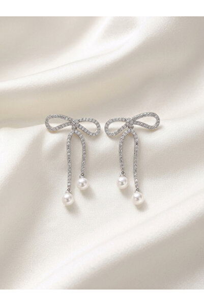 Evorya Women's Steel Zircon Stone Bow Earrings Silver