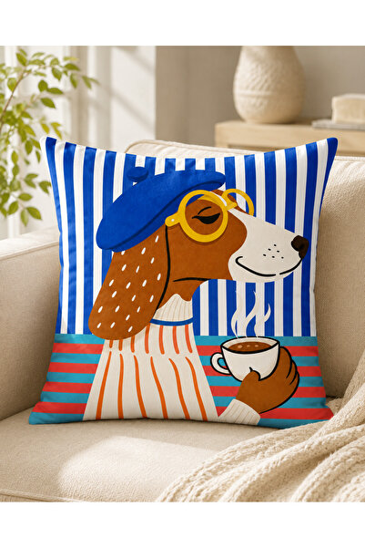 decoarstr Köpek Figürlü Kırlent Kılıfı 43x43 cm | Çift Taraf Baskılı Raşel Ku...