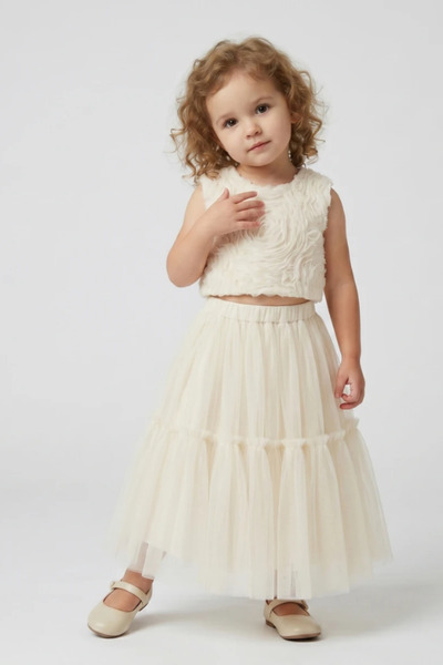 NOBLEKIDS Sweetme Girl's Pearl Detailed Crop Skirt Set Ecru