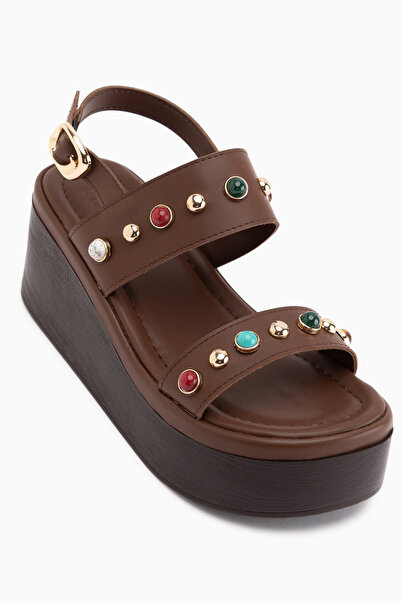 Limoya Mariah Brown Beaded Detailed Wedge Heeled Women's Sandals