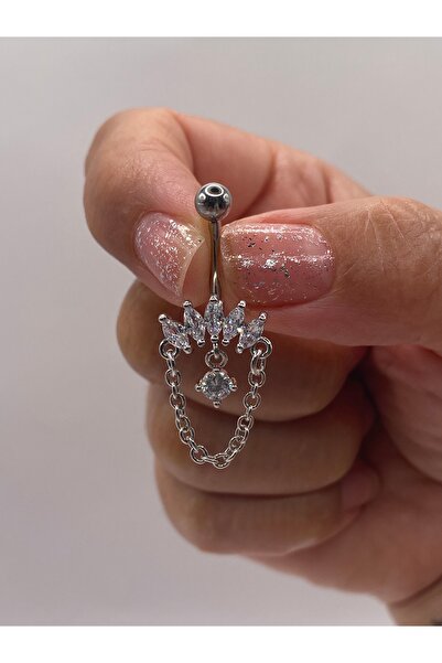 kurukafagift Zincir Sallantılı Zirkon Taşlı Göbek Çelik Piercing