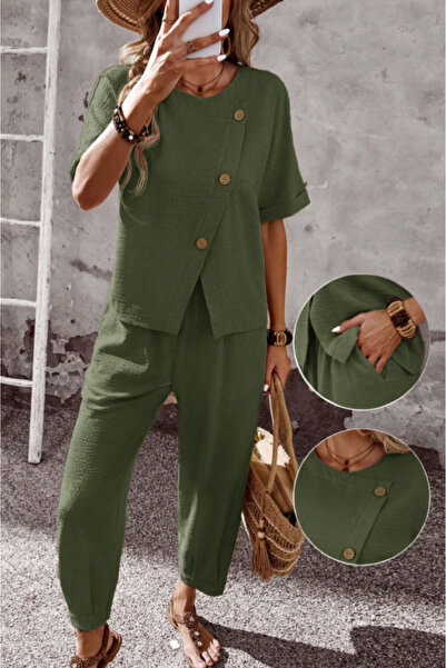 Kokosh moda All Day Comfort! Women's Round Neck Button Detailed Loose Cut Dou...