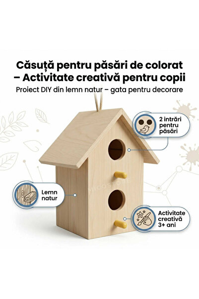 Floopy Casuta pasari din lemn de colorat pentru copii, DIY, 2 gauri, activita...