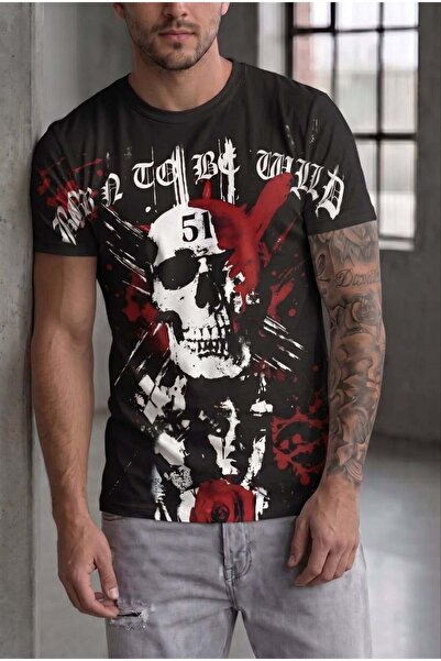 HerTon Tricou cu imprimeu gotic cu craniu pentru bărbați
