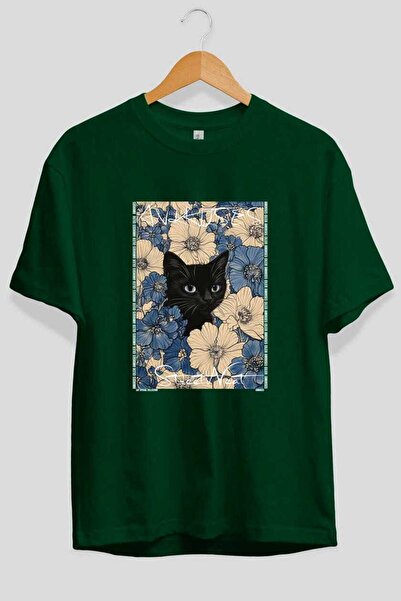 Ankhises For the Love of Cats 4 Front Cat Printed Green Oversize T-Shirt 100%...