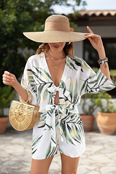 oraystore Kadın Desenli 2’li Takım Bağlamalı Crop Kimono Bluz ve Lastikli Şor...