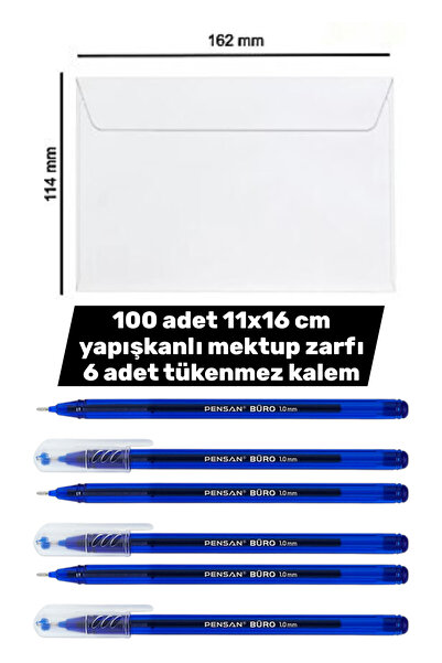 SEYFİKİRTASİYE 100 adet 11x16 cm yapışkanlı mektup zarfı 6 adet tükenmez kale...