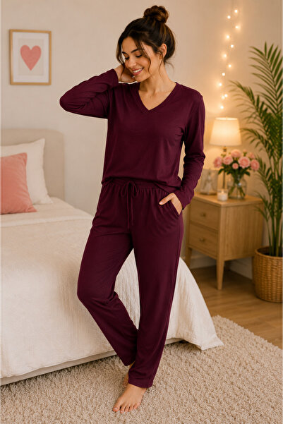 SERPİL Kadın Bordo Uzun Kollu Pijama Takımı V Yaka Rahat Ev Giyim