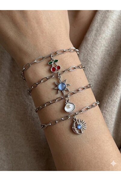 bijoux uniques Kiraz&güneş&deniz kabuğu&ay güneş Gümüş kaplamalı set bileklik
