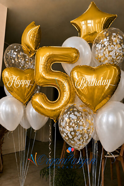 Organizasyon Pazarı Gold Number 5 Birthday Balloon Set Gold Heart Star Confet...