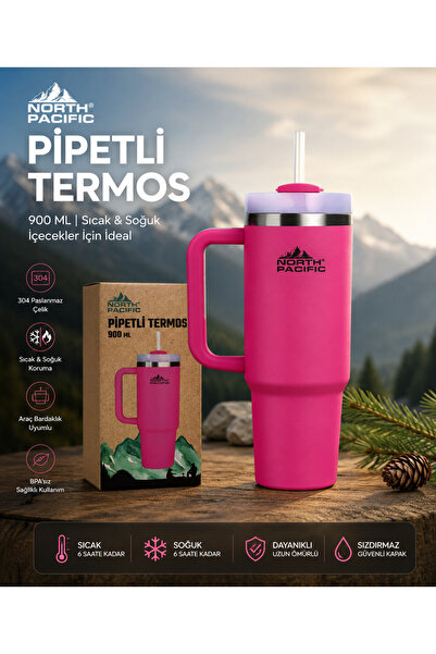 North Pasific North Pacific 900 ML Pipetli Paslanmaz Çelik Termos Bardak Pemb...