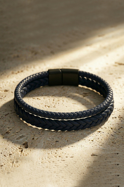 VAOOV Black and Navy Blue Double Row Braided Leather Men's Bracelet