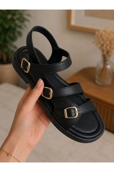 PLN SHOES Kadın Cilt Ayarlanabilir Toka Detaylı Rahat Günlük Comfort Sandalet