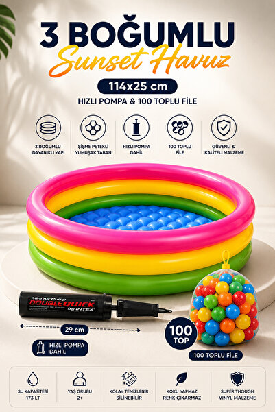 NeoThings Şişme Tabanlı Renkli Oyun Havuzu 114x25 cm 3 Boğumlu Çocuk Havuzu 1...