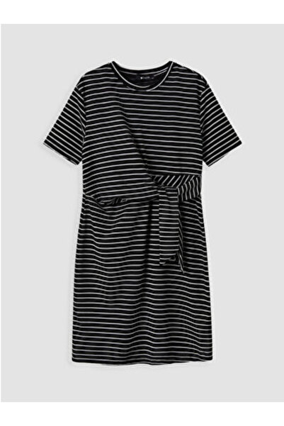 LC Waikiki New Season Black Crew Neck Tie-Up Drawstring Dress