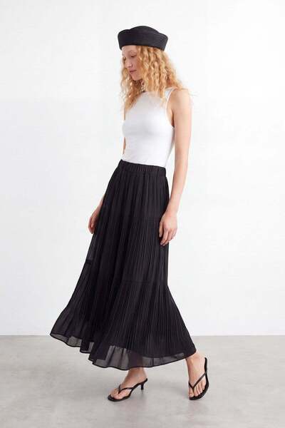 Puane Kadın Beli Lastikli Piliseli Maxi Etek – 18306 ETK - BLACK