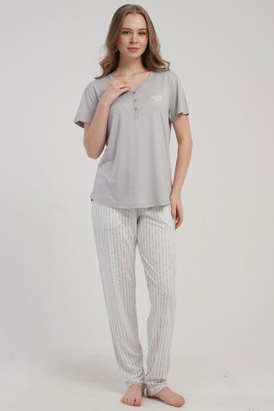 KEZOKİNO Women's Half Buttoned Short Sleeve Gray Pajama Set Relaxed Cut Summe...