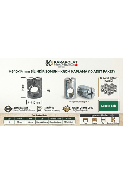 KARAPOLAT 10 Adet M6 10X14 Silindir Somun