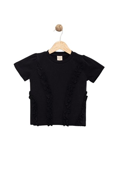 Divonette Girl's Dark Black Short Sleeve 100% Cotton Short Sleeve T-Shirt with Ruffles on the Front