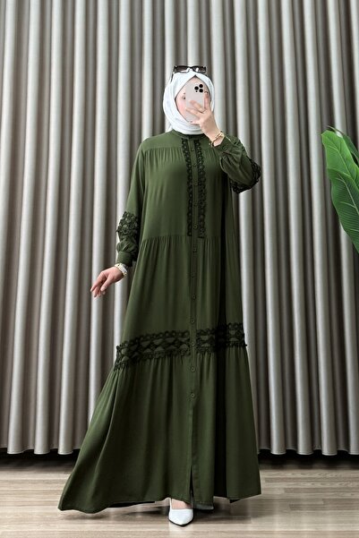 ALYA SELENA ELBİSE Viskon Dantelli Kumaş Kadın Koyu Yeşil Boydan Açılabilir D...