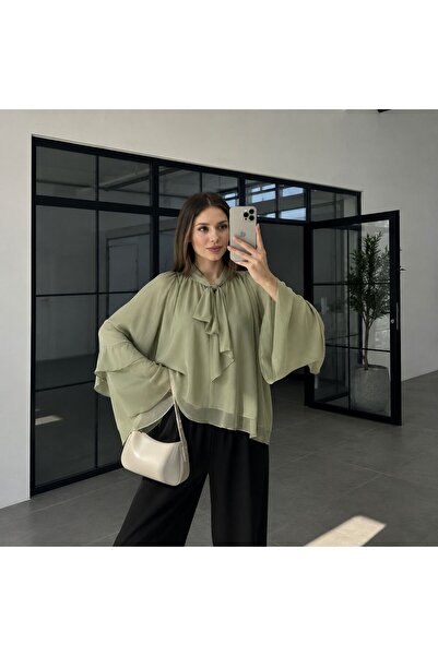 Lunea Womens بلوزة نسائية خضراء من الشيفون بأكمام مكشكشة وياقة هالتر