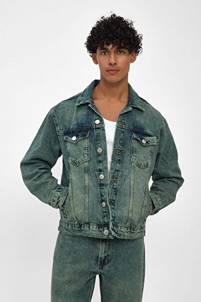 Erkek Oversize Yeşil Tintli Vintage Yıkamalı Denim Ceket Kot Ceket