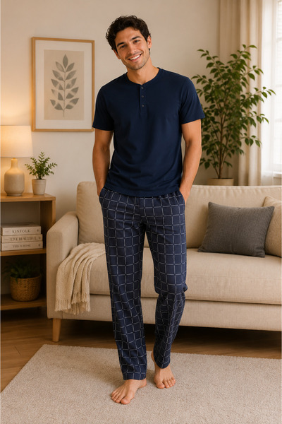 SERPİL Erkek Kısa Kollu Pijama Takımı Kare Desenli Uzun Paça Pamuklu Ev Giyim