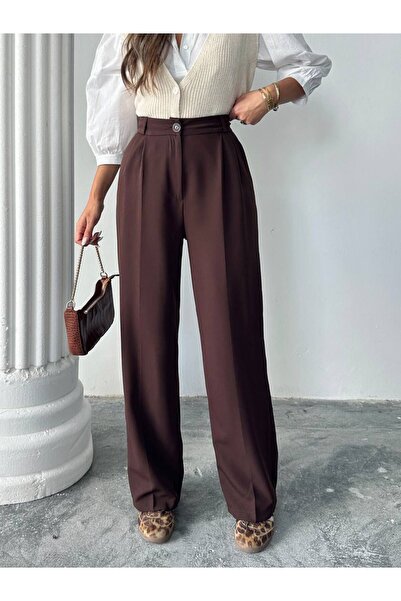 ZÉRIA Women's High Waist Pleated Wide Leg Fabric Palazzo Brown Fabric Trouser...