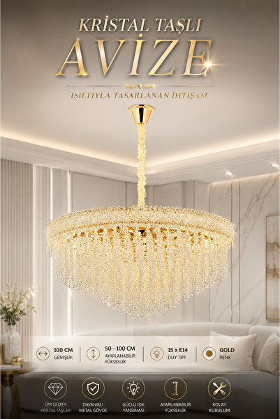 Elvora Home Modern (PREMİUM) Kristal Taşlı Gold Avize 15xE14 Ampullü Salon Ye...