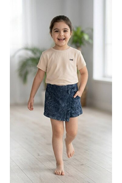 LunaSun Kids Kız Çocuk Basic Kısa Kollu Tişört ve Fiyonk Detaylı Şort Etek Ta...