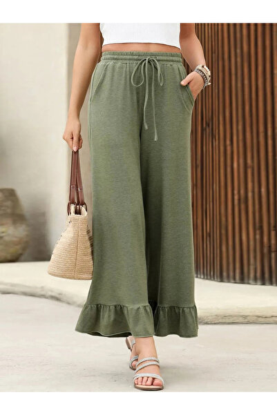 Take Two By Styli Olive Ruffle Hem Wide Leg Pants