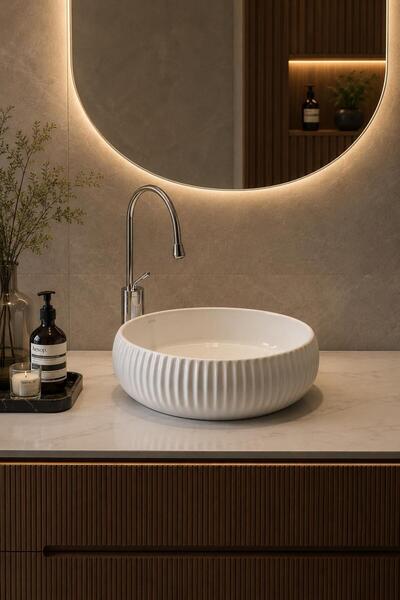 LENA E-4161 Tezgah Üstü Porselen Lavabo Beyaz Porselen Çizgili Lavabo