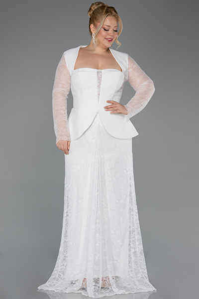 Abiyefon Ekru Dantel Kollu Peplum Kesim Uzun Büyük Beden Abiye ABU5881