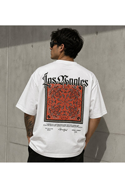 Modivibe تي شيرت أبيض كبير الحجم مطبوع عليه Los Angeles Streetwear للجنسين